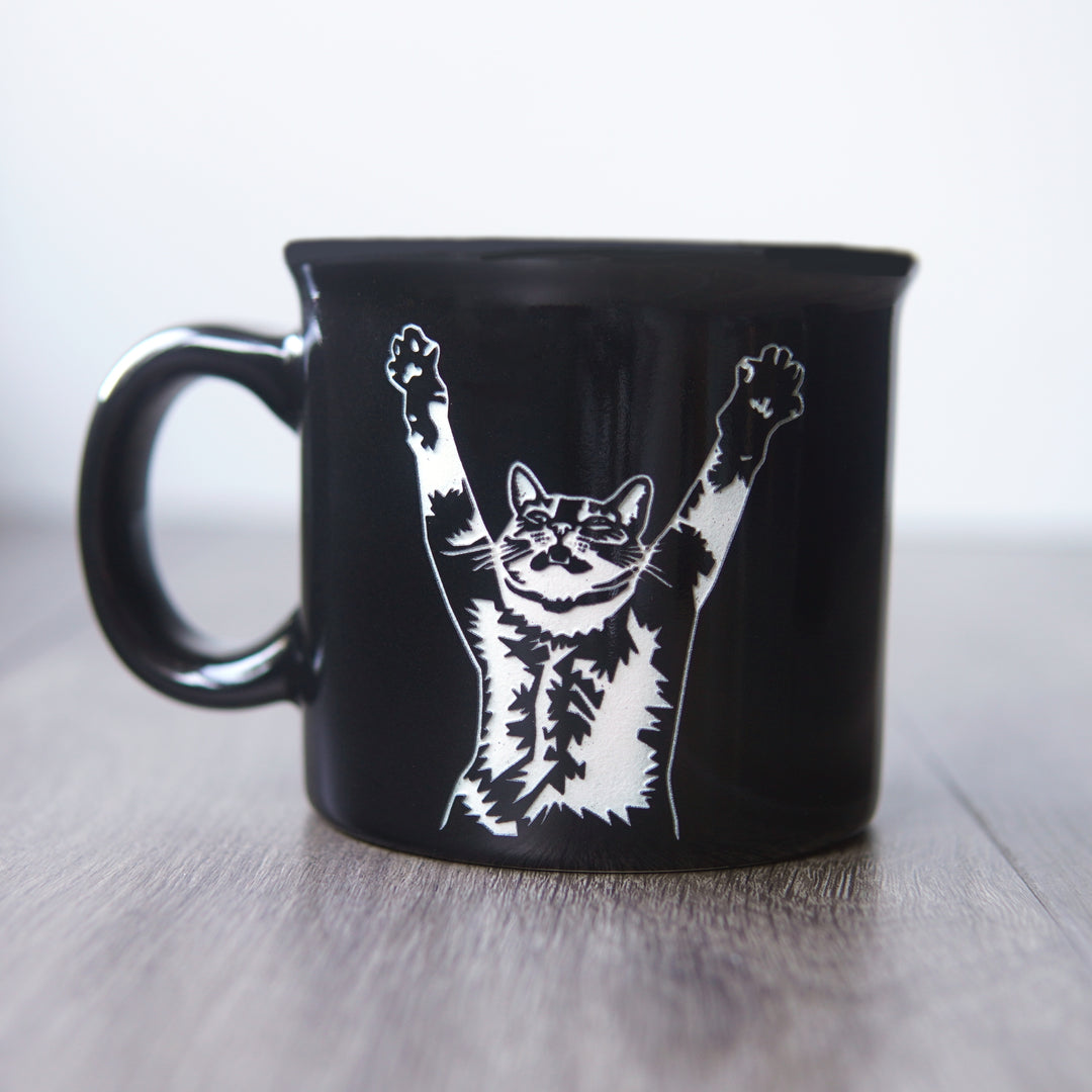 Stretching Cat Camp Mug - Dishwasher-Safe, Microwave-Safe