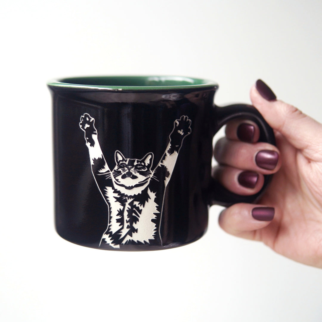 Stretching Cat Camp Mug - Dishwasher-Safe, Microwave-Safe