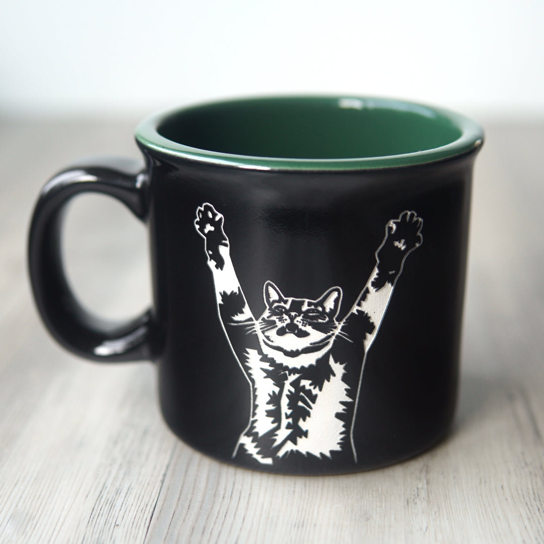Stretching Cat Camp Mug - Dishwasher-Safe, Microwave-Safe