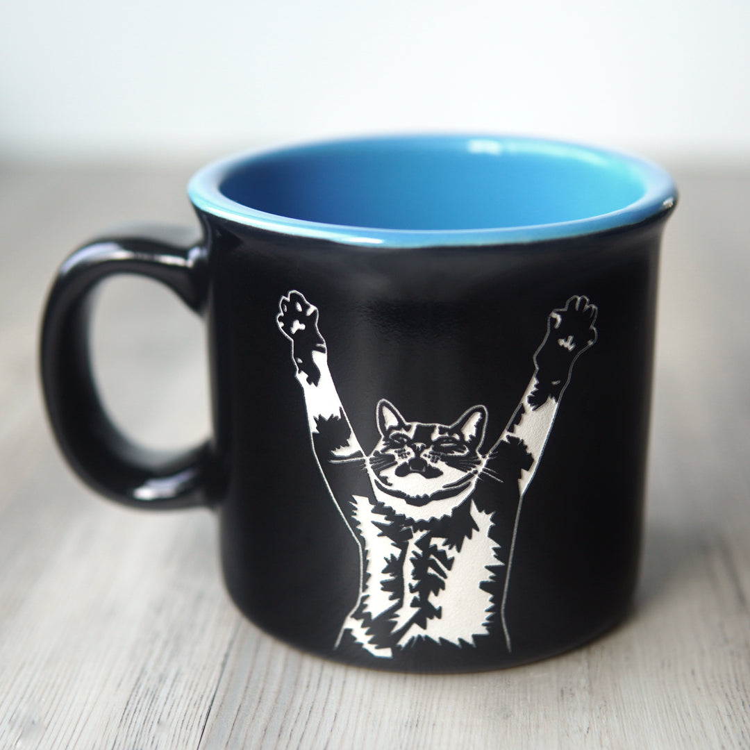 Stretching Cat Camp Mug - Dishwasher-Safe, Microwave-Safe