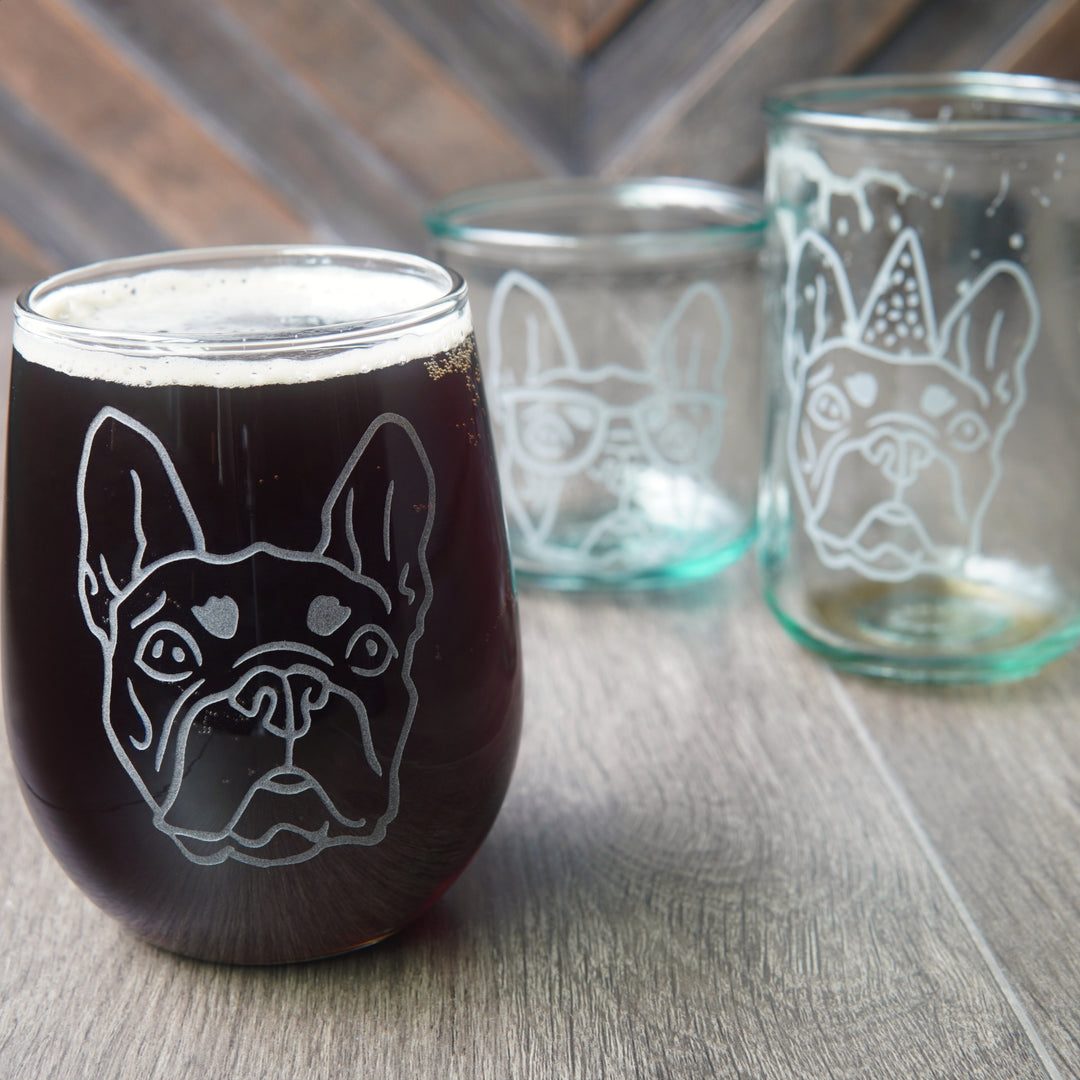 French Bulldog Stemless Wine Glass - etched glassware