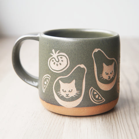 Avocado Cat Mug (AvoCATo) Forest Style Handmade Pottery