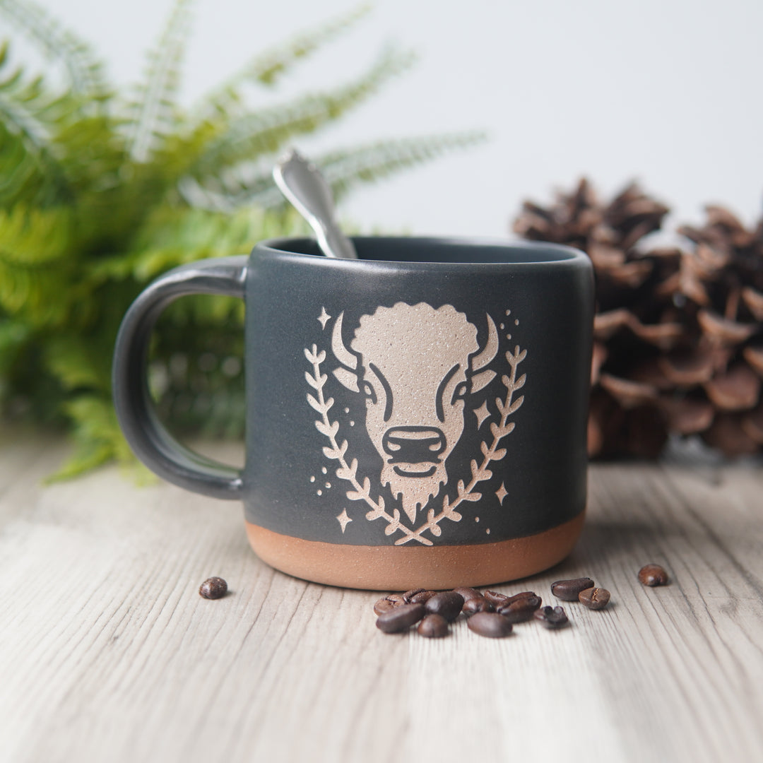 Buffalo Mug, Forest Style Bison Handmade Pottery