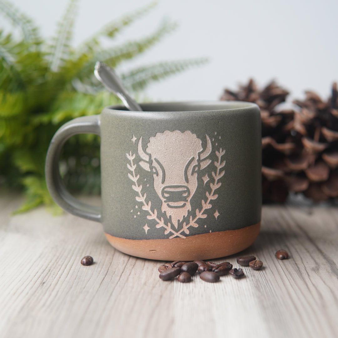 Buffalo Mug, Forest Style Bison Handmade Pottery