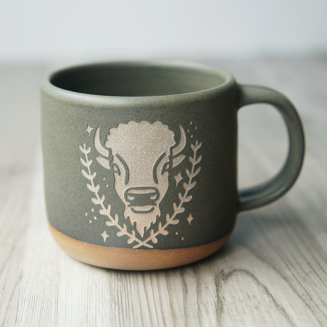 Buffalo Mug, Forest Style Bison Handmade Pottery