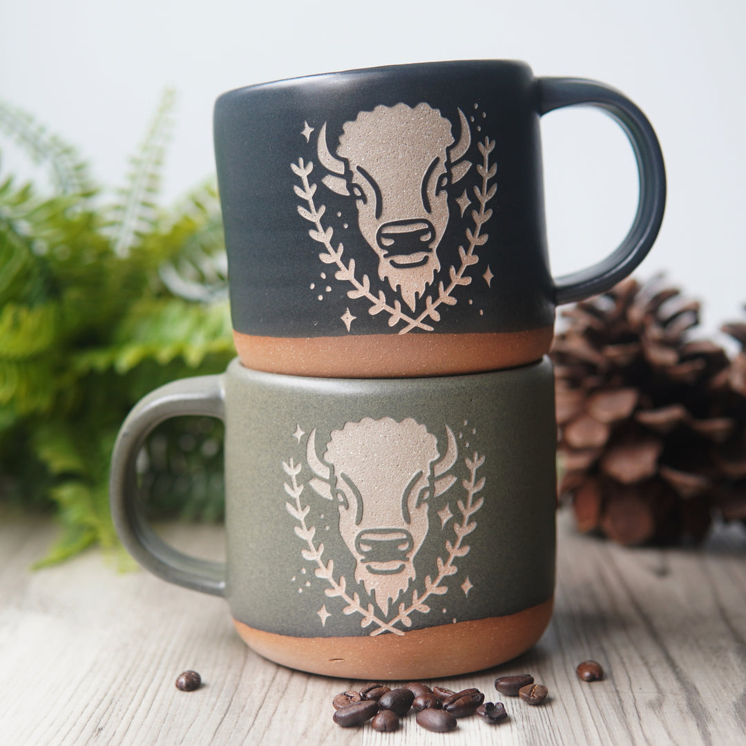 Buffalo Mug, Forest Style Bison Handmade Pottery