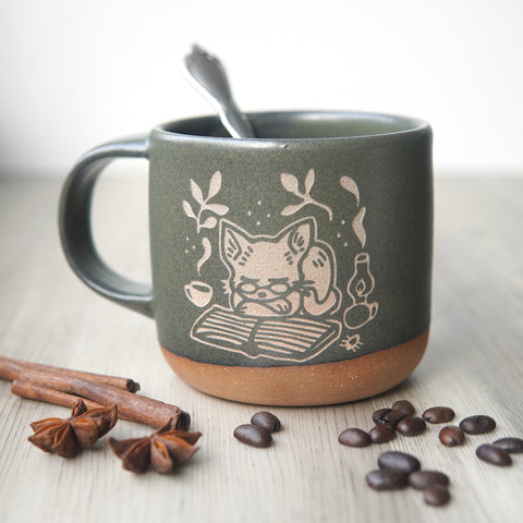 Book Cat Mug, Forest Style Handmade Pottery