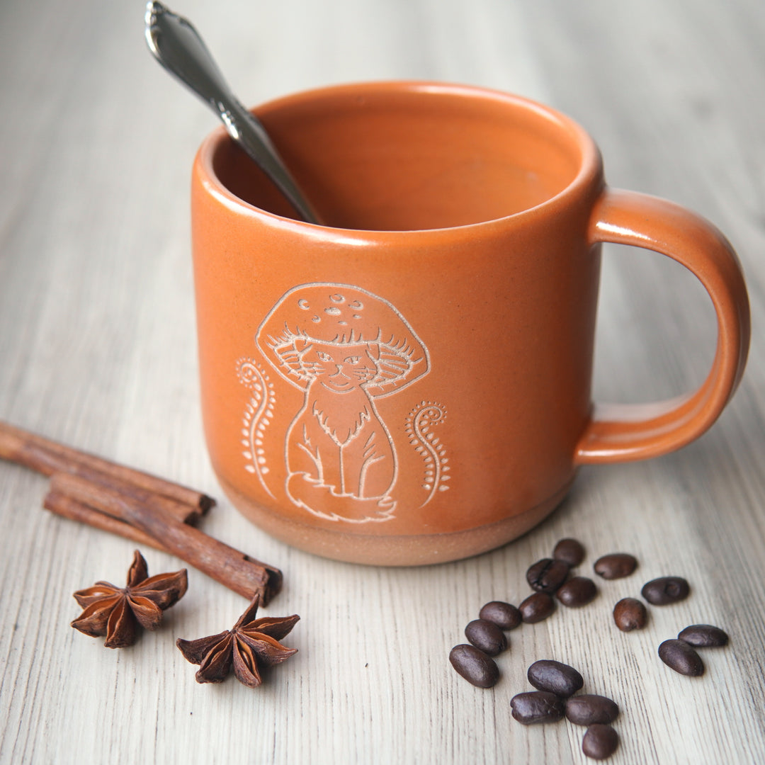 Mushroom Cats Mug, Forest Style Handmade Pottery