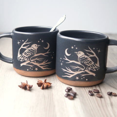 Black Crow Mug, Forest Style Handmade Pottery
