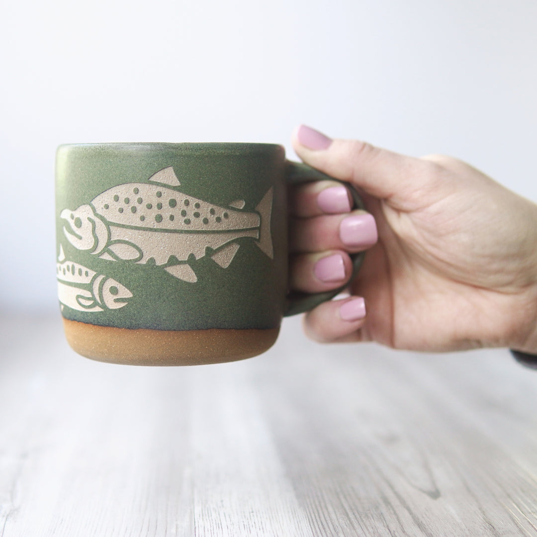 Salmon Mug, Forest Style Handmade Pottery