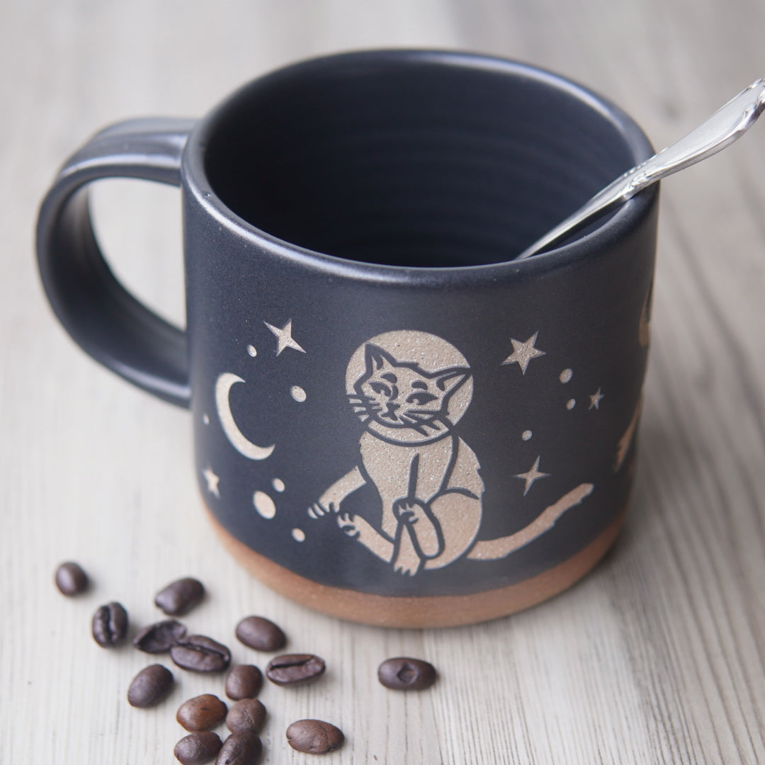 Astronaut Space Cats Mug, Forest Style Handmade Pottery