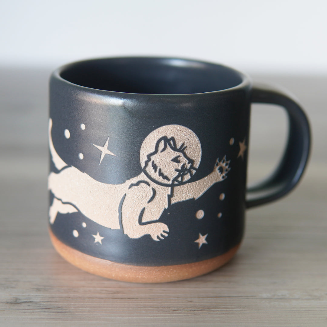 Astronaut Space Cats Mug, Forest Style Handmade Pottery