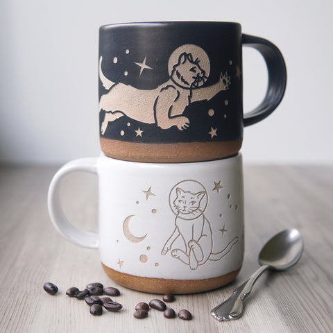 Astronaut Space Cats Mug, Forest Style Handmade Pottery