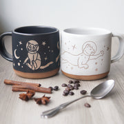 Astronaut Space Cats Mug, Forest Style Handmade Pottery
