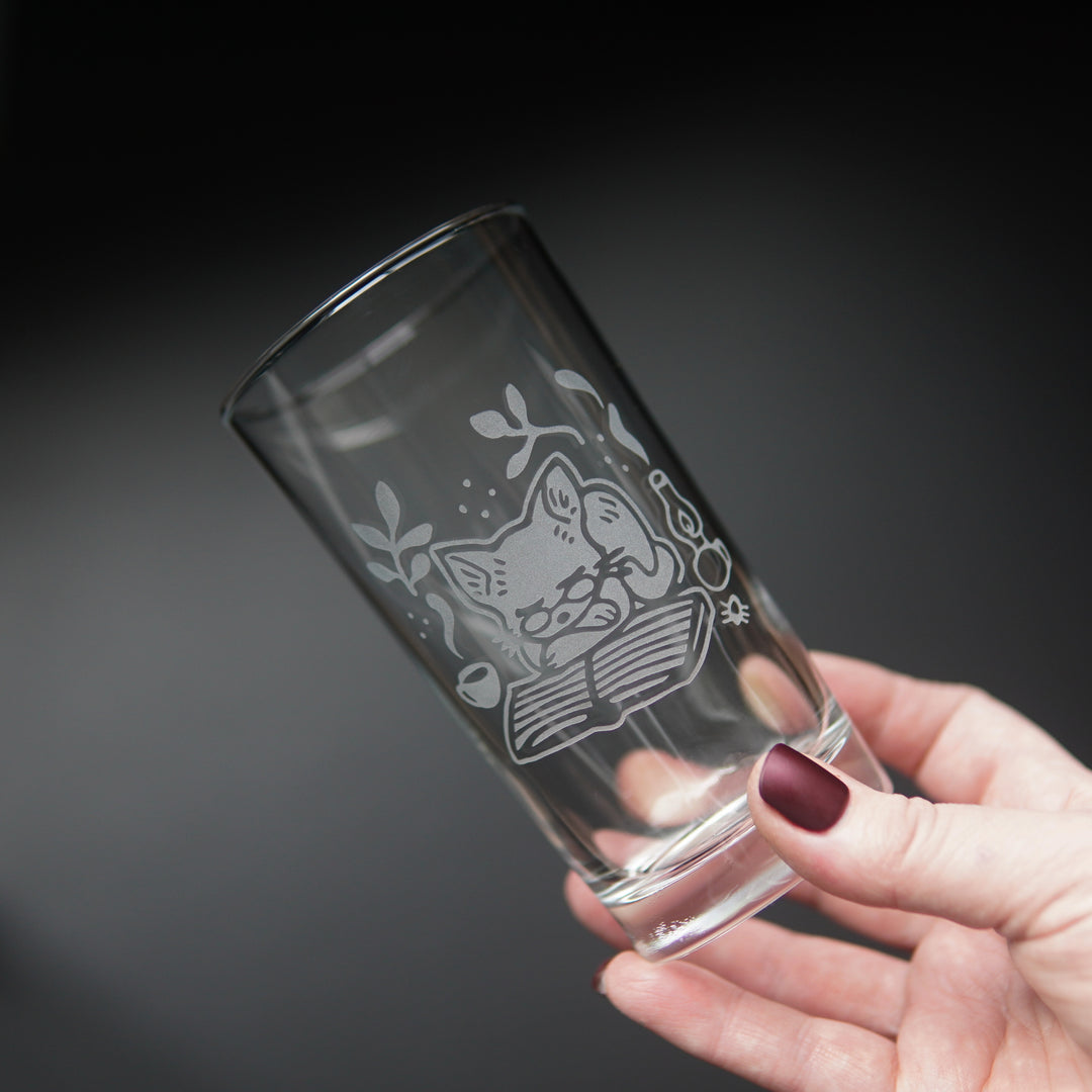 Book Cat Highball Glass - etched cocktail barware