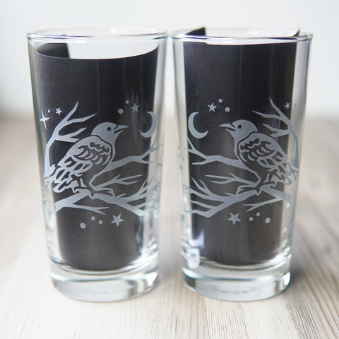 Crow etched highball glasses