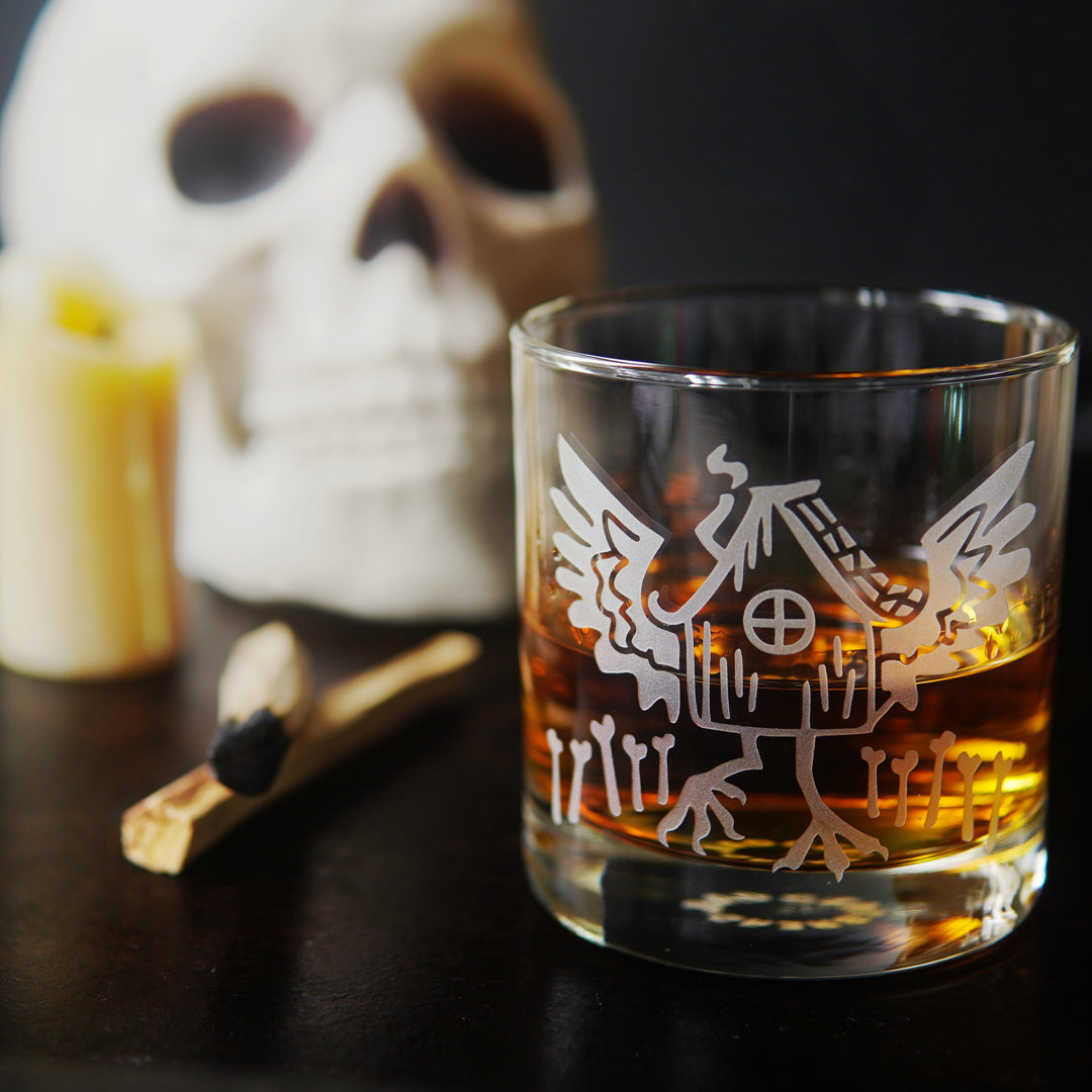 Baba Yaga Lowball Glass - etched monster cocktail barware