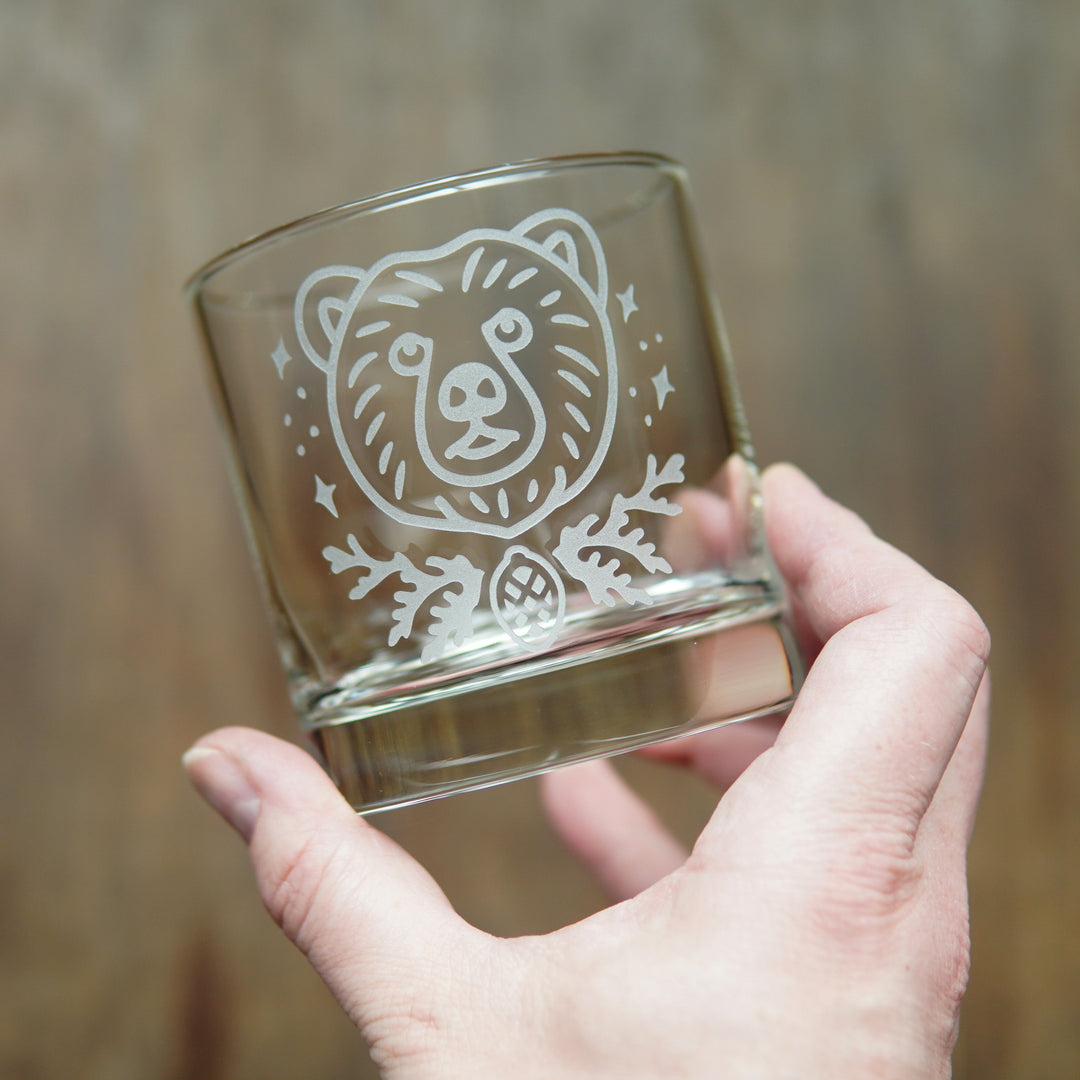 Bear Lowball Glass - etched cocktail barware