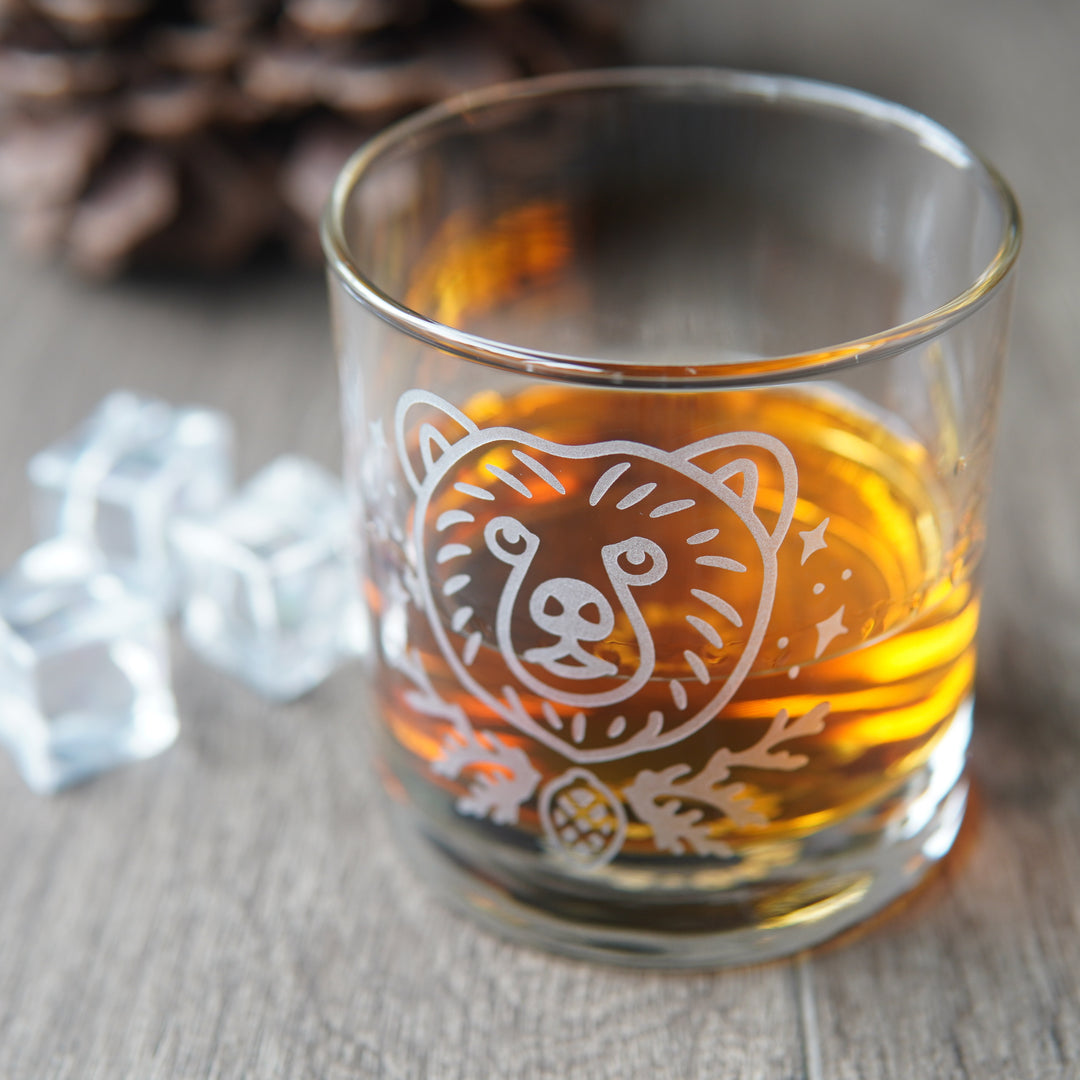 Bear Lowball Glass - etched cocktail barware