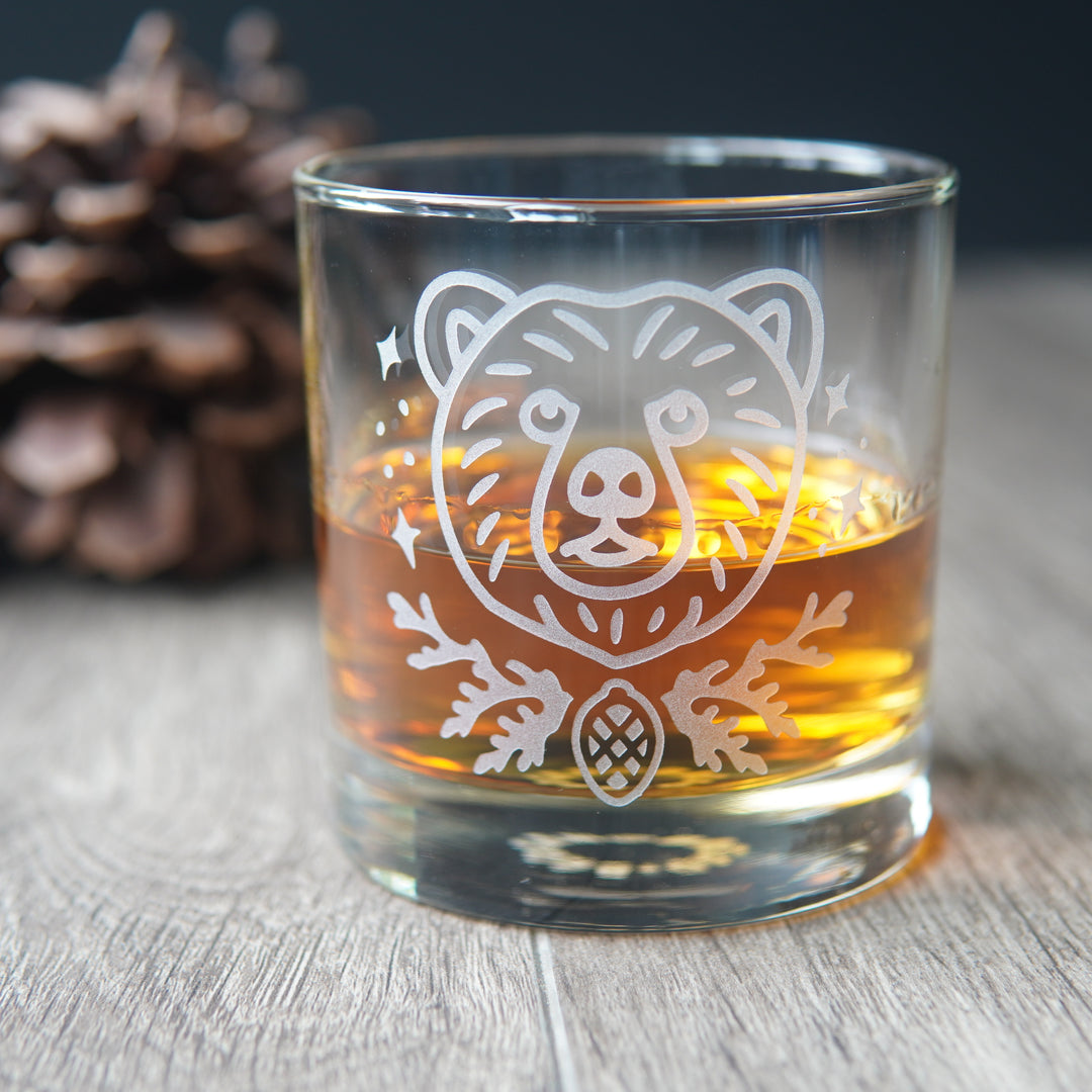 Bear Lowball Glass - etched cocktail barware