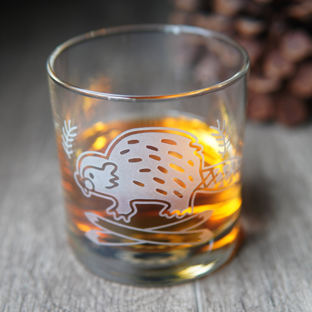 Beaver Lowball Glass - etched cocktail barware