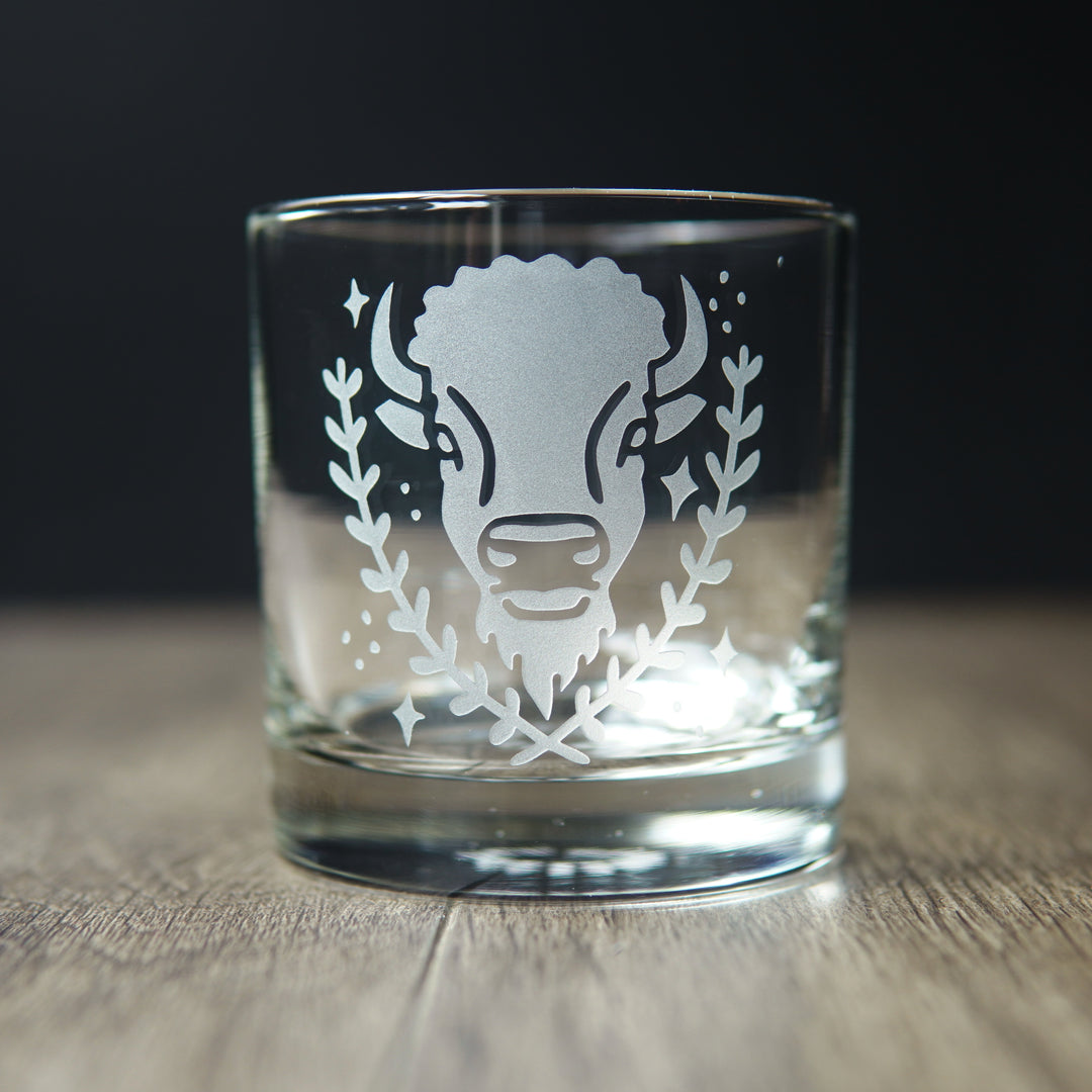 Bison Lowball Glass - etched cocktail barware