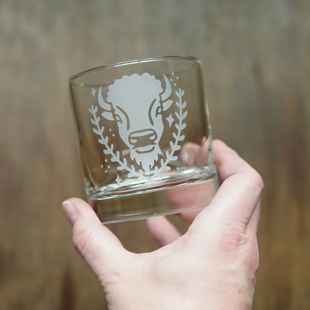 Bison Lowball Glass - etched cocktail barware