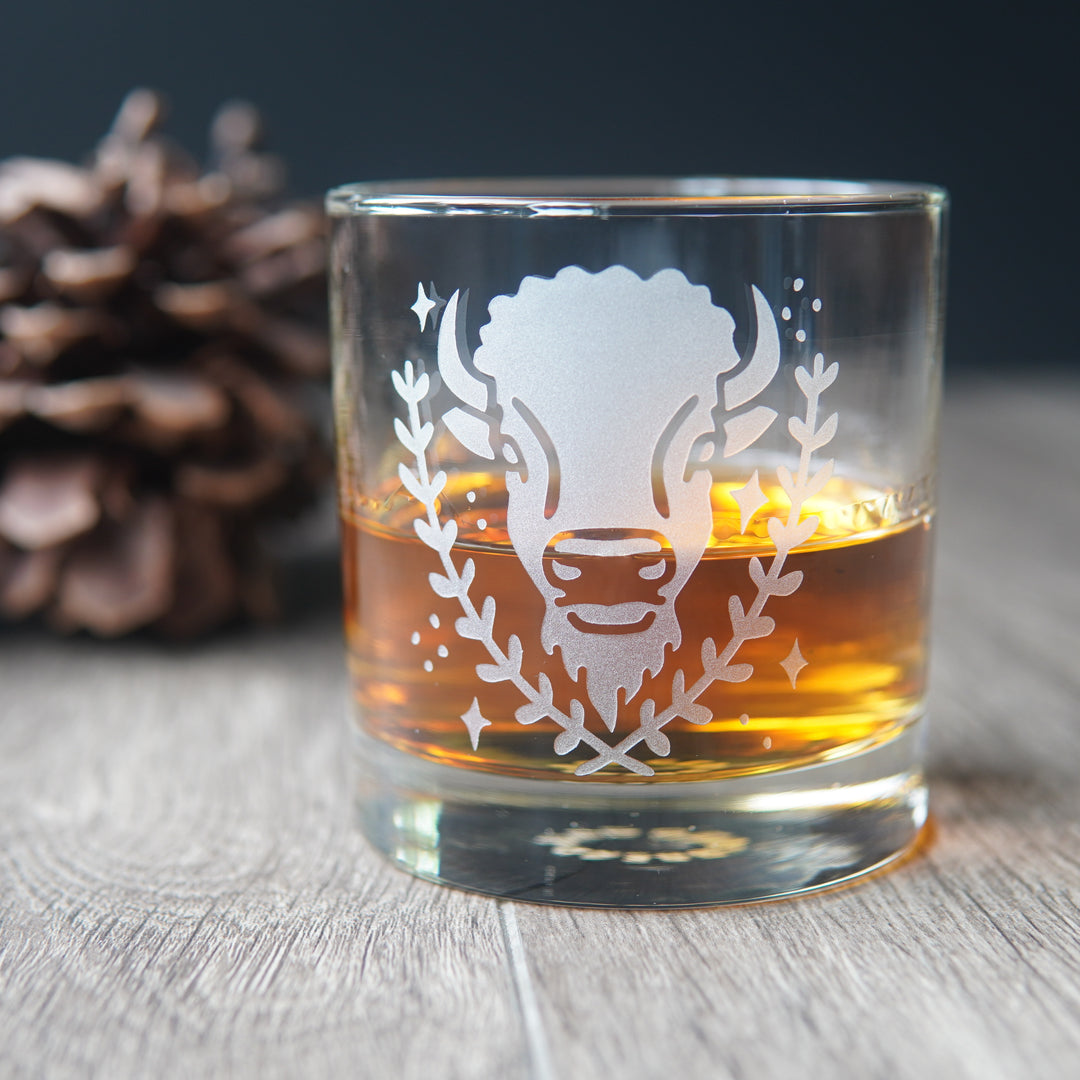 Bison Lowball Glass - etched cocktail barware