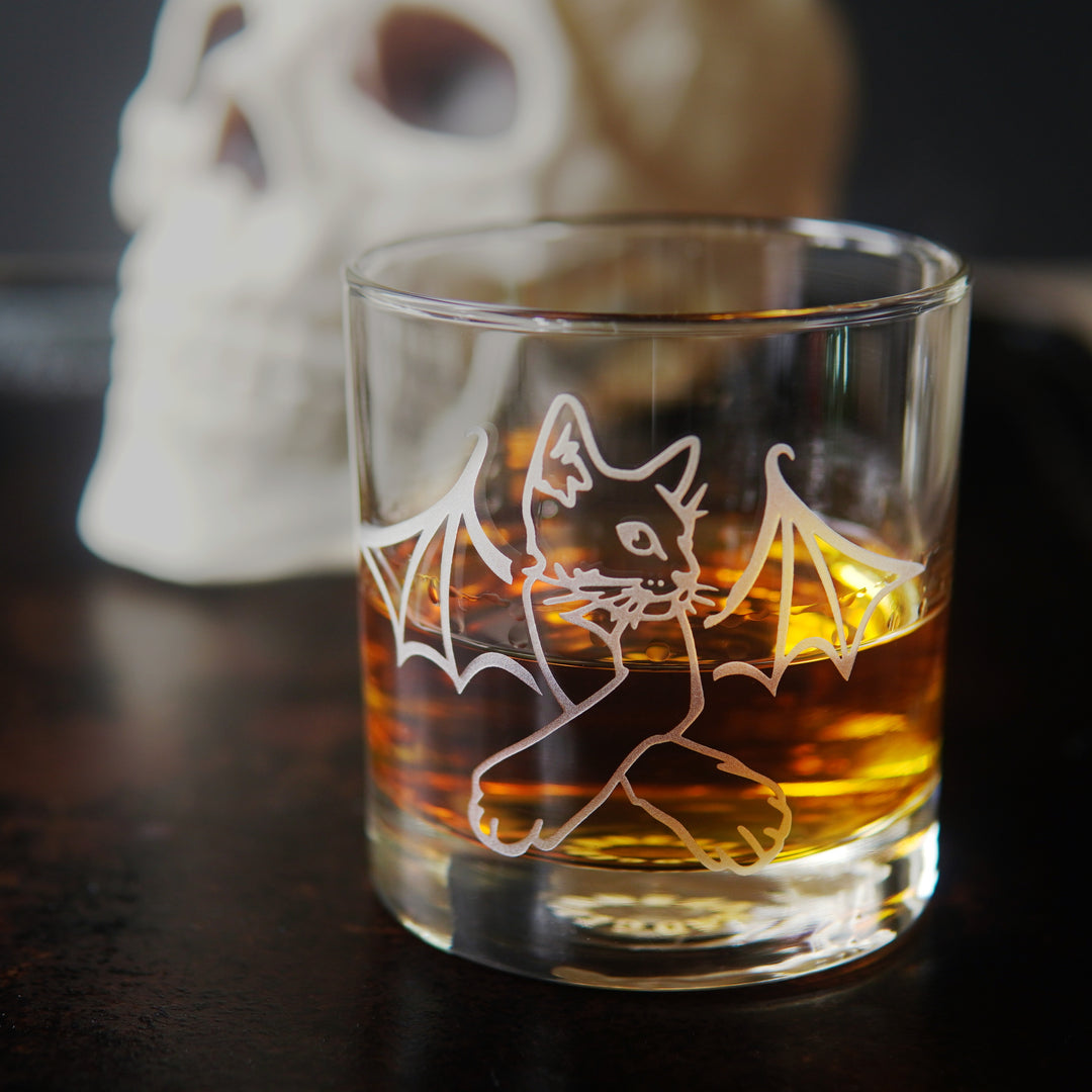 Cat Bat Lowball Glass - etched Halloween vampire cocktail barware