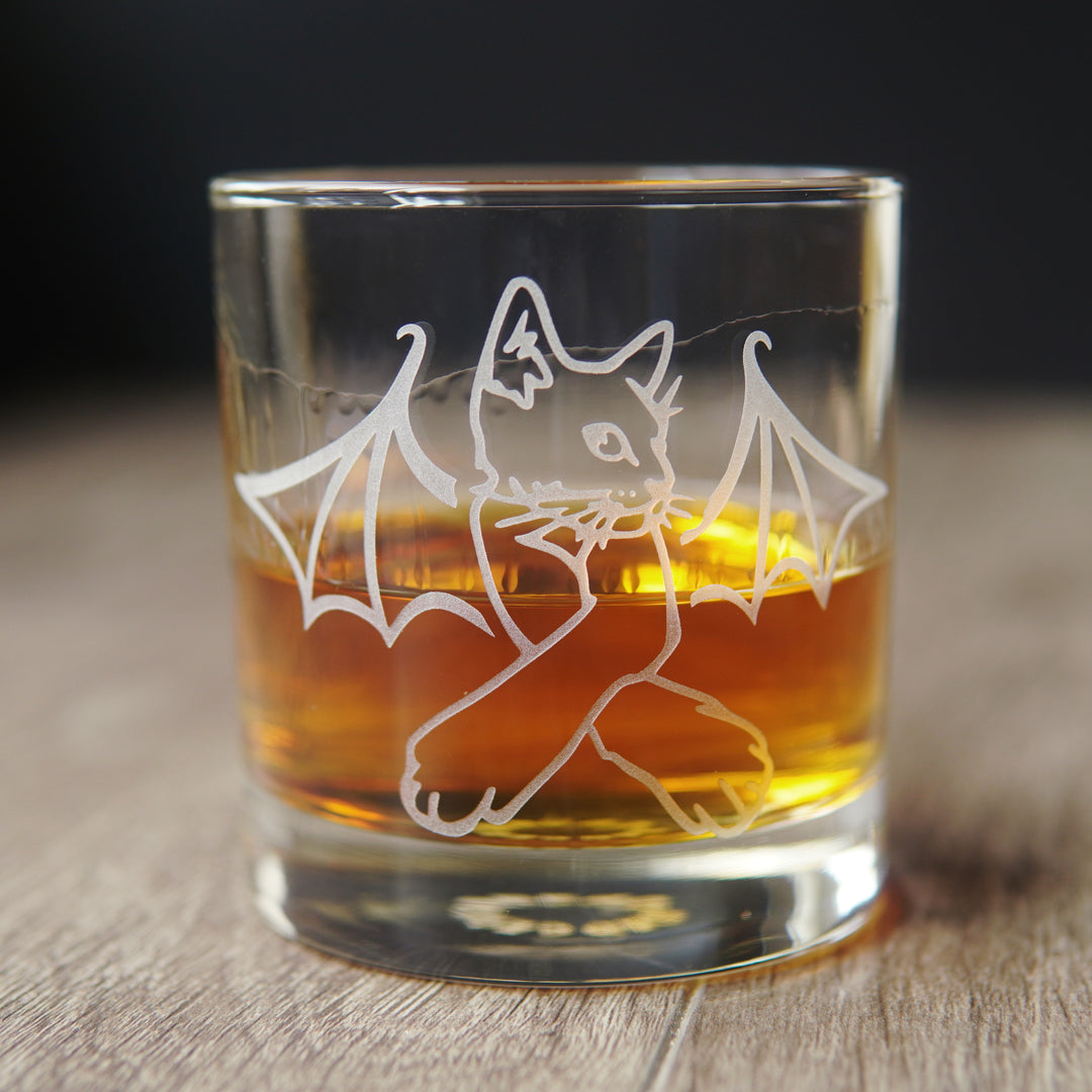 Cat Bat Lowball Glass - etched Halloween vampire cocktail barware