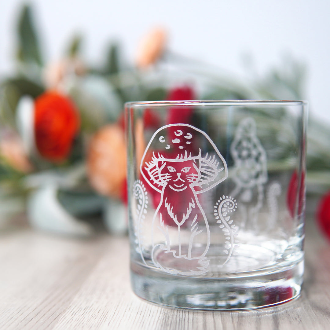 Cat Mushrooms Lowball Glass - etched cocktail glassware