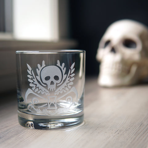 Death Skull Lowball Glass - etched cocktail glassware