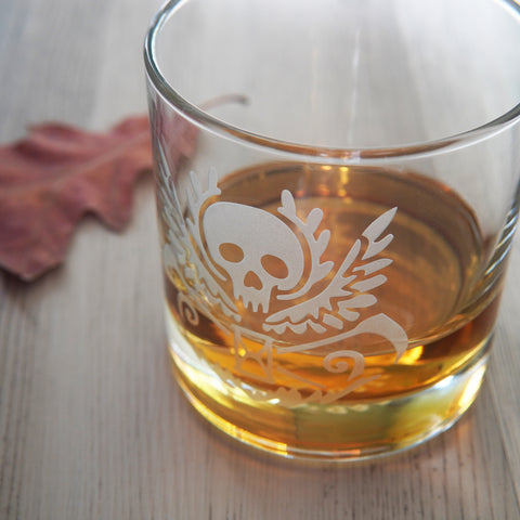 Death Skull Lowball Glass - etched cocktail glassware