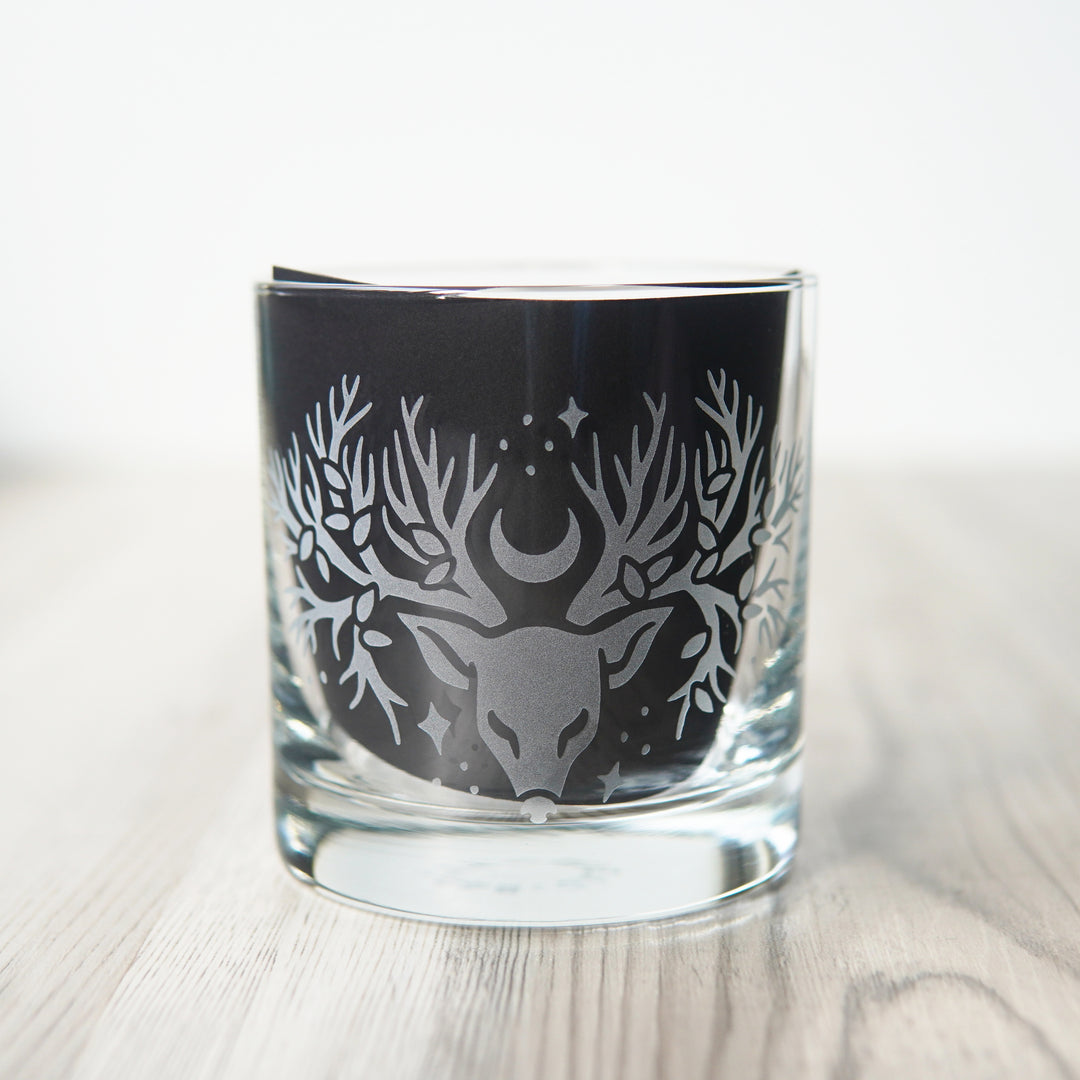 Deer Tree Lowball Glass - etched cocktail glassware