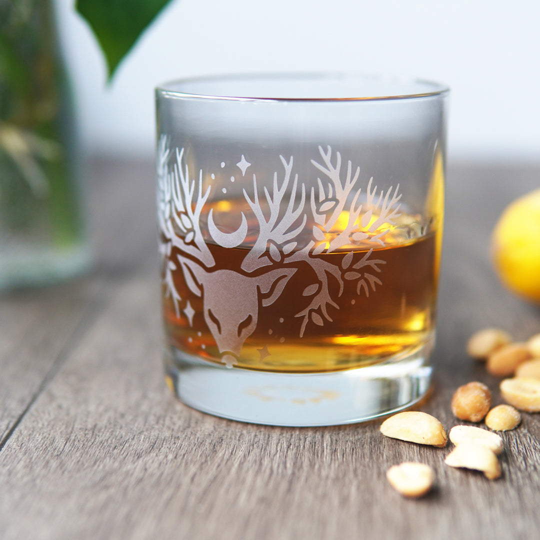 Deer Tree Lowball Glass - etched cocktail glassware