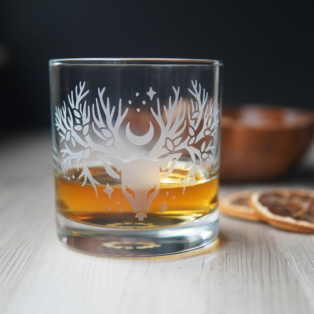 Deer Tree Lowball Glass - etched cocktail glassware