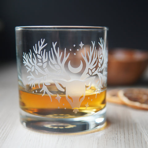 Deer Tree Lowball Glass - etched cocktail glassware