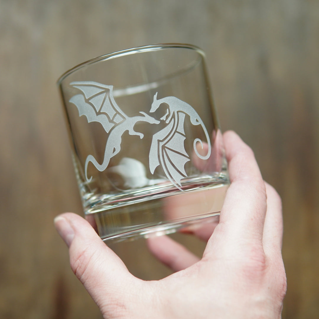 Dragons Lowball Glass - etched cocktail barware