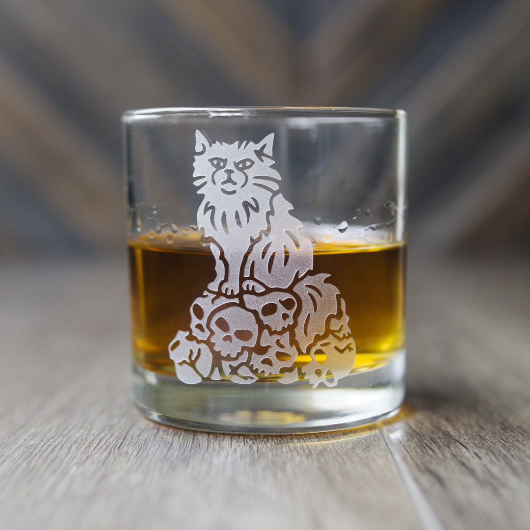 Dungeon Cat Lowball Glass - etched cocktail barware