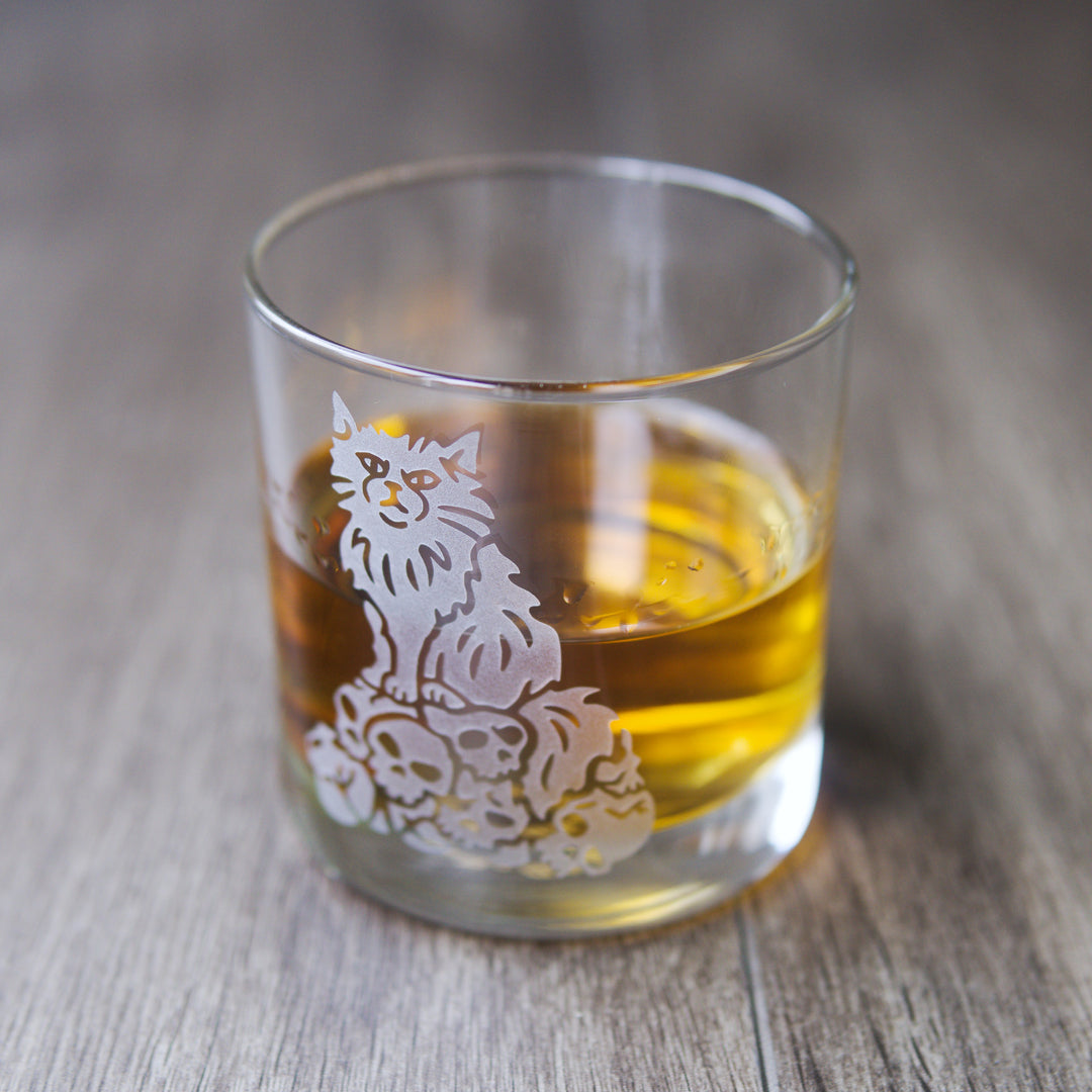 Dungeon Cat Lowball Glass - etched cocktail barware