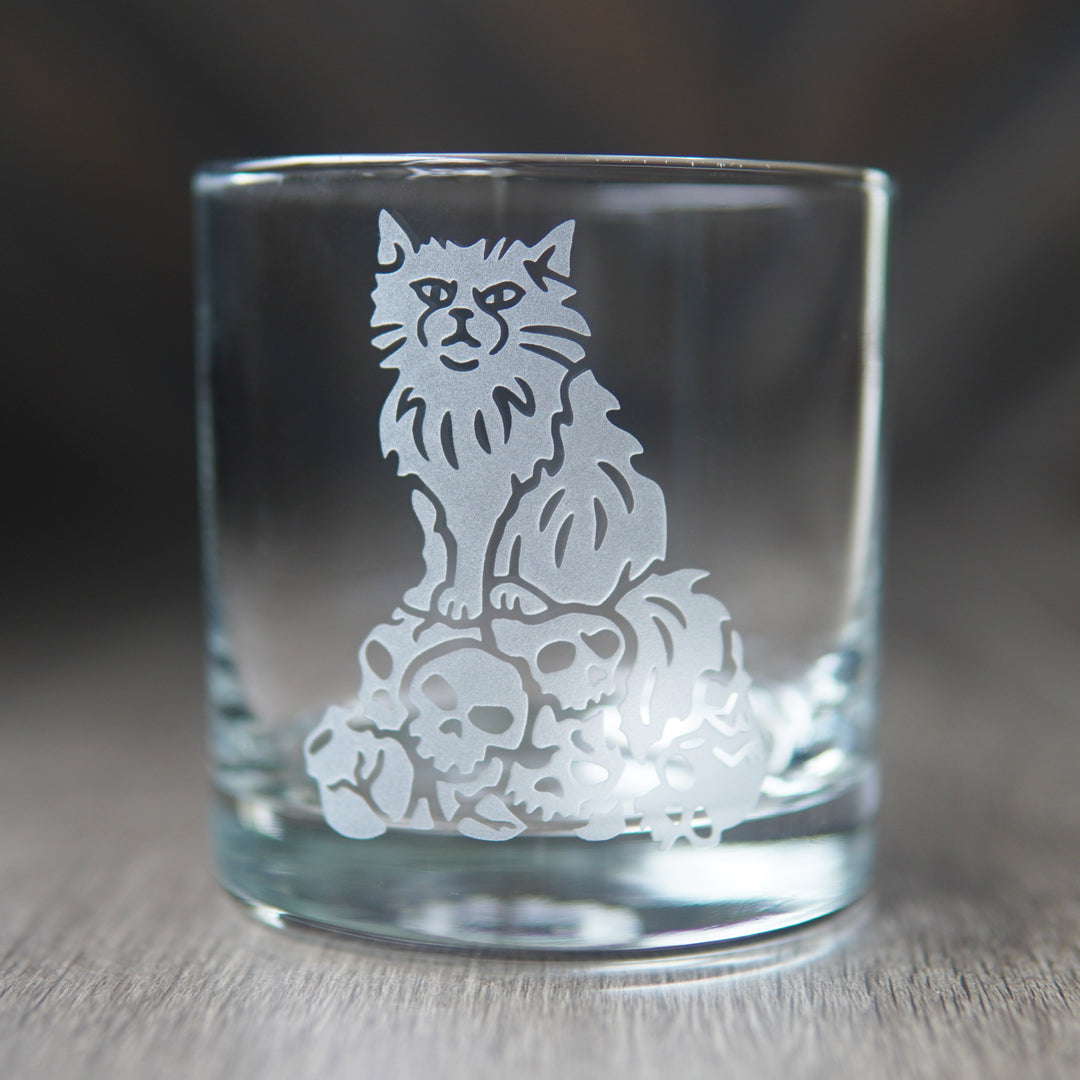 Dungeon Cat Lowball Glass - etched cocktail barware