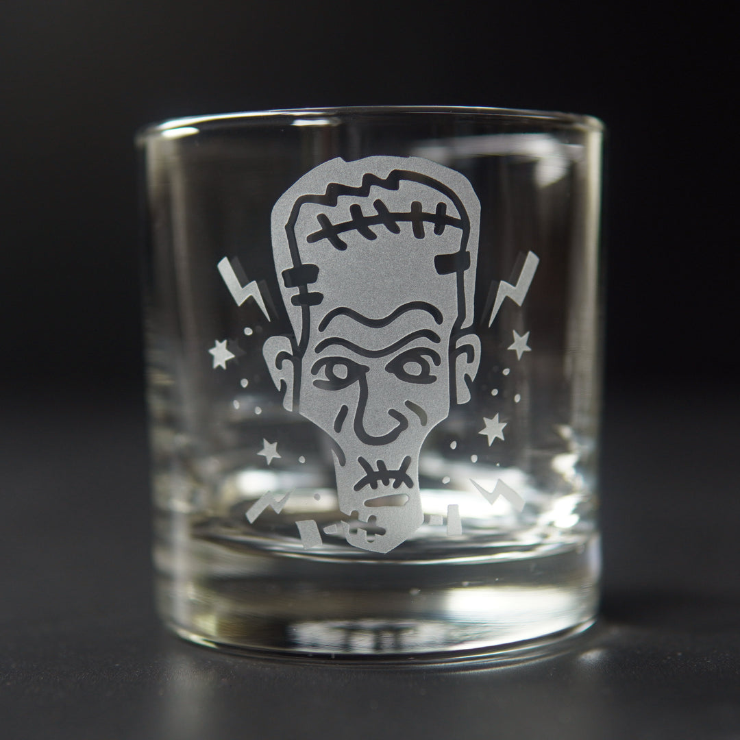 Frankenstein Lowball Glass - etched horror monster barware