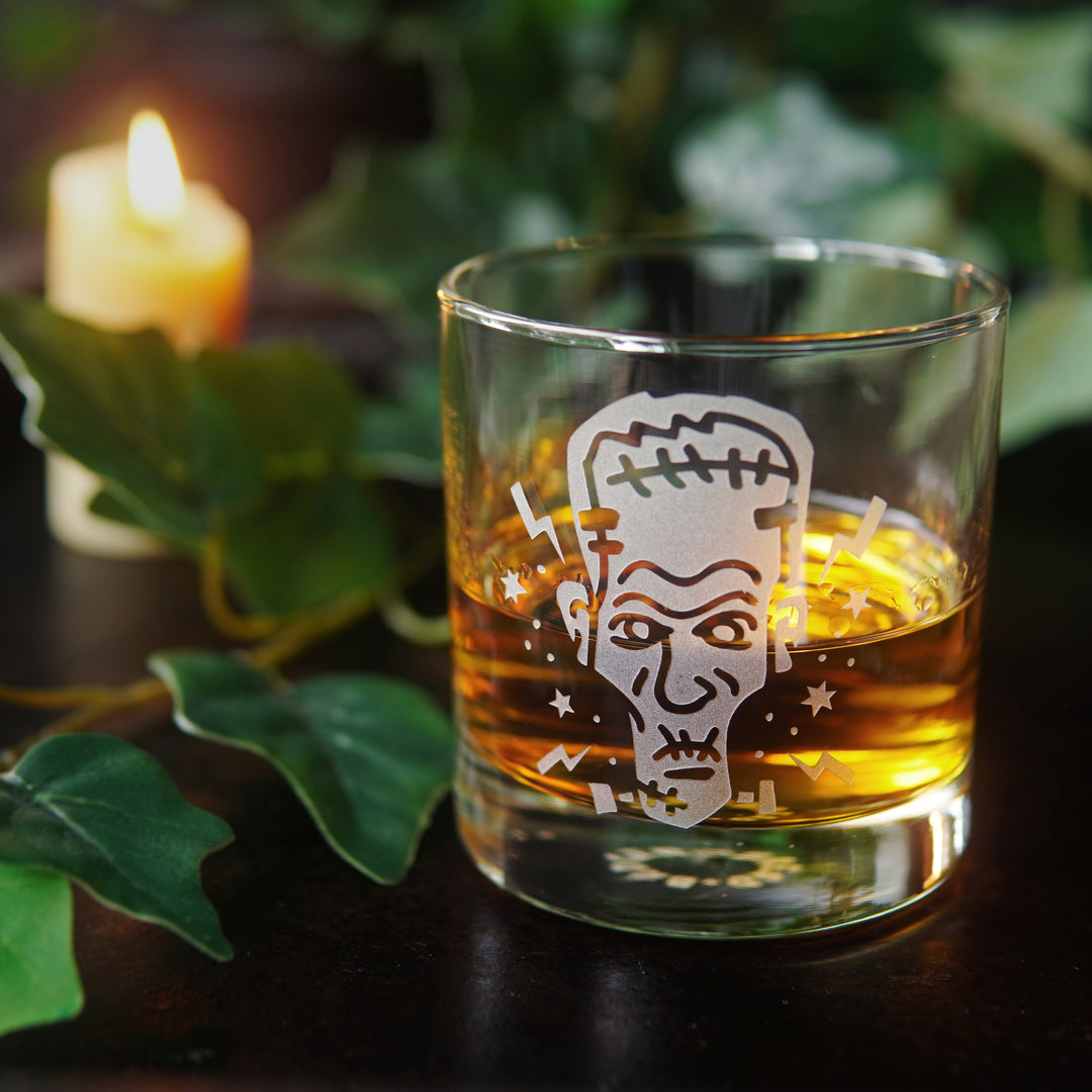 Frankenstein Lowball Glass - etched horror monster barware