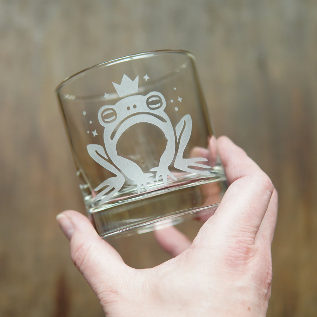 Frog Prince Lowball Glass - etched cocktail barware