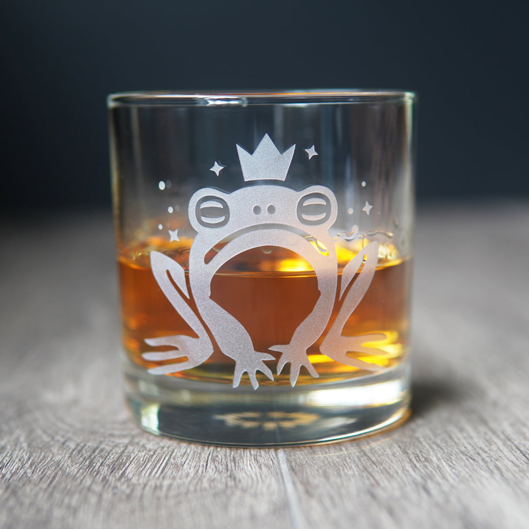 Frog Prince Lowball Glass - etched cocktail barware