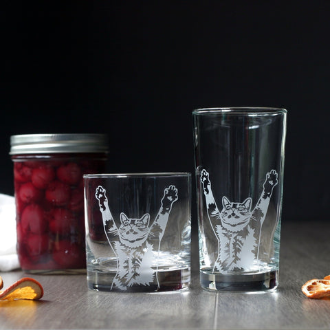 Stretch Cat Highball Glass - etched cocktail barware