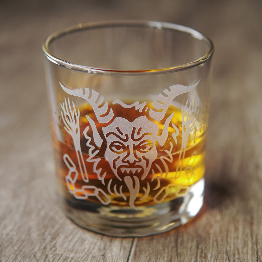 Krampus Lowball Glass - etched Christmas horror cocktail barware