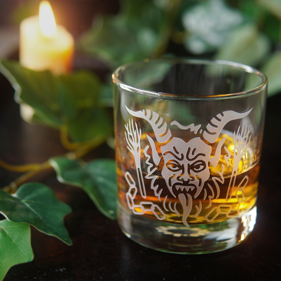 Krampus Lowball Glass - etched Christmas horror cocktail barware