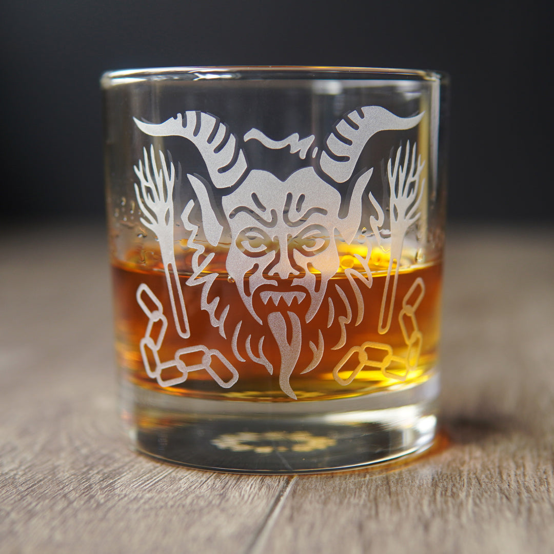 Krampus Lowball Glass - etched Christmas horror cocktail barware