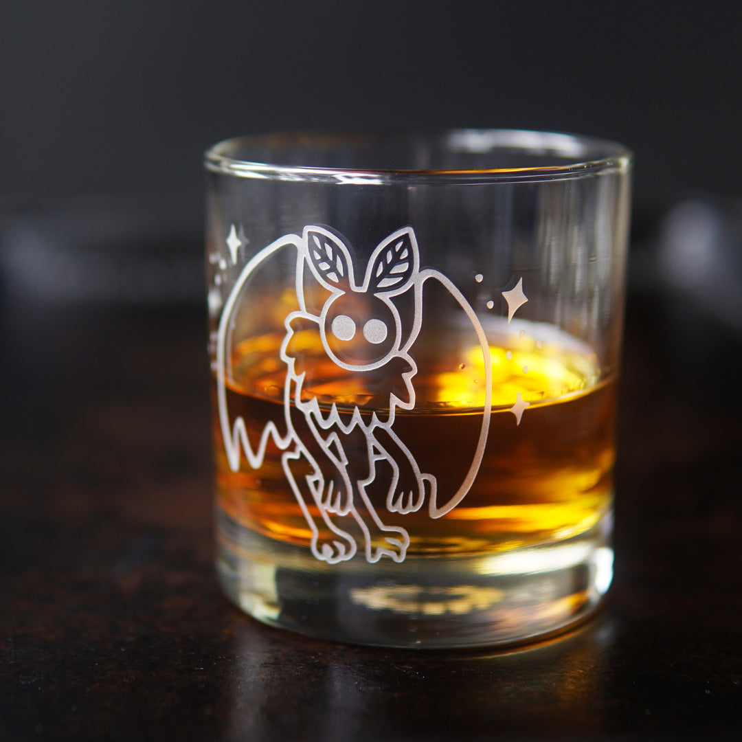 Mothman Lowball Glass - etched horror monster cocktail barware